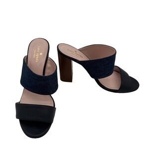 Kate Spade Navy Blue & Denim Leather Block Heel Slide Sandals Made in Italy 8 B